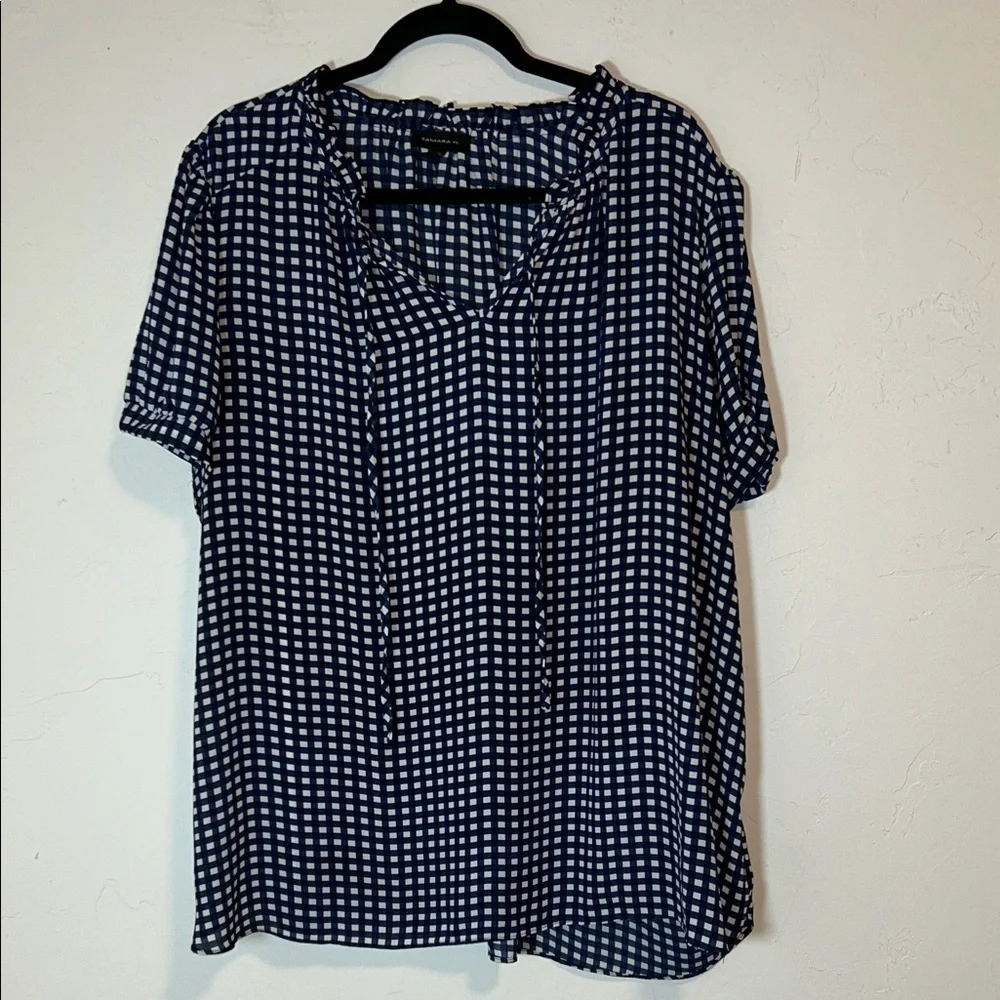 Tamara H 3X Polyester Navy and White Check Tie-Neck Blouse. (3/$25)